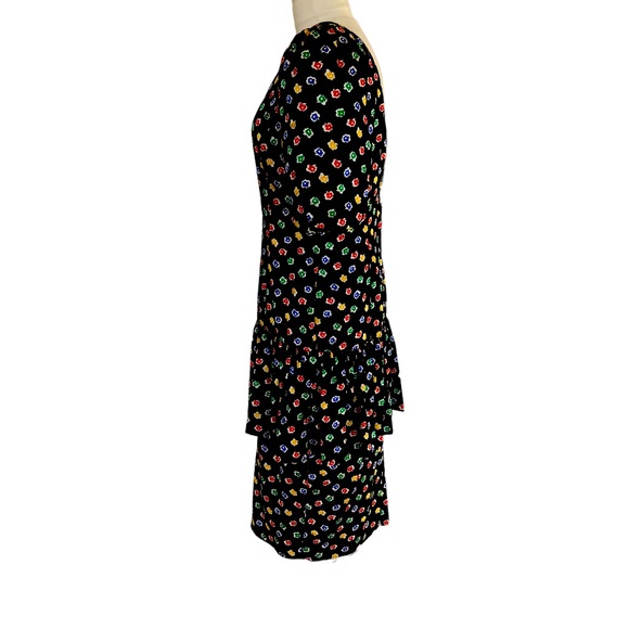 ST. GILLIAN VINTAGE Silk Dress Puff Sleeve V Back Peplum Size 8 Black Floral - Picture 4 of 6